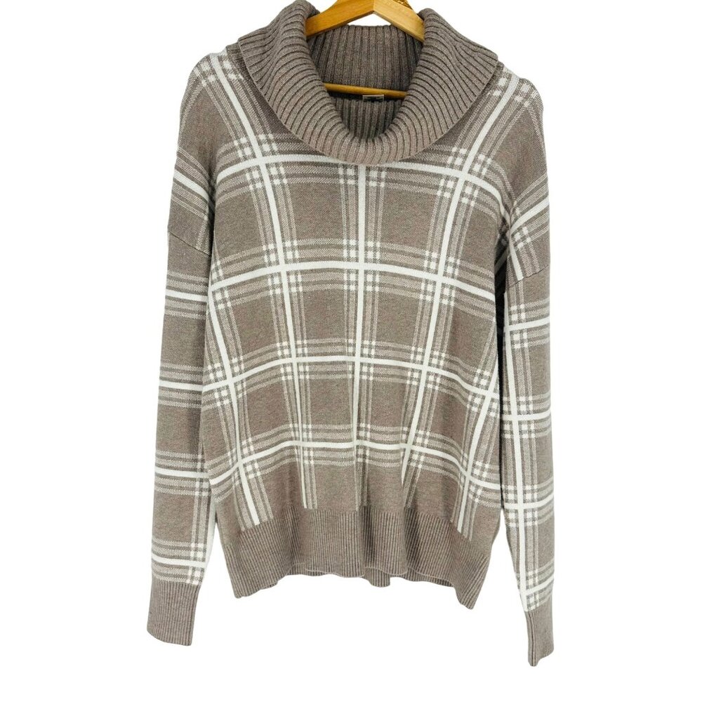 Max Studio Beige White Plaid Turtleneck Long Sleeve Cozy Knit Stretch Sweater M